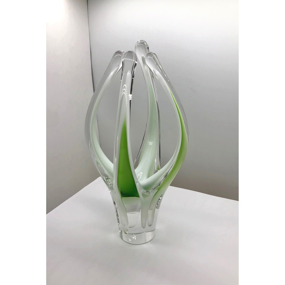 Flygsfors Signed Hand Blown Art Glass Sculpture Green White Sommerso 10.5 Inch
